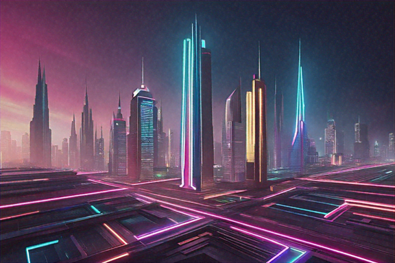 A futuristic city skyline illuminated by vibrant neon lights with sleek, modern architecture against a night sky..png